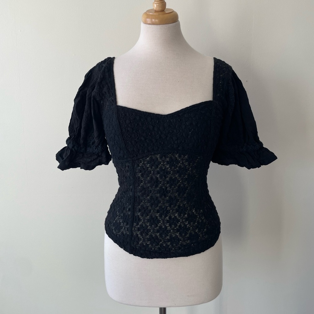 Free People Black Dainty Top Puff Sleeve M